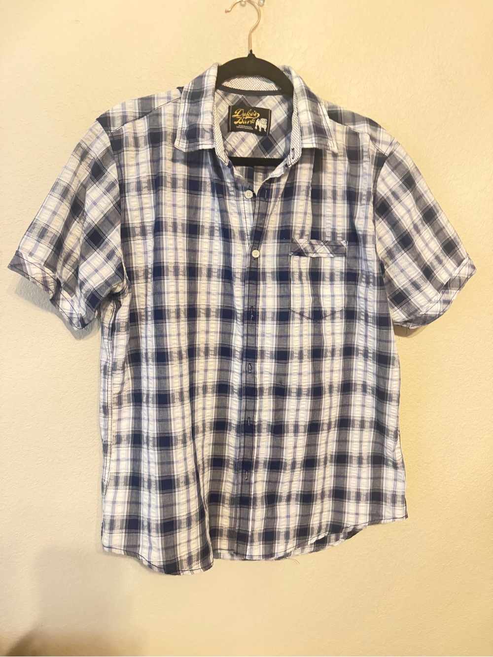 Men's Short-Sleeve Blue Plaid Button-Down Shirt